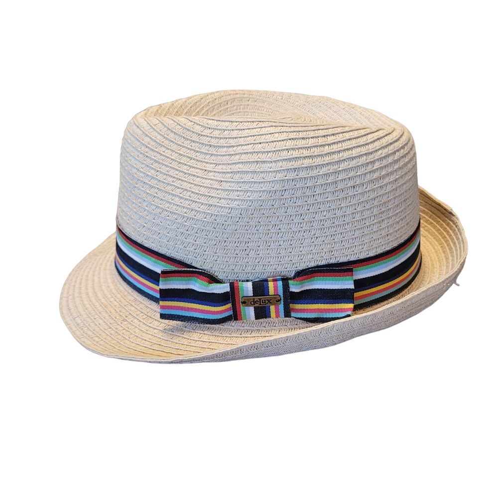 deLux Beige‎ Woven Straw Fedora Hat Multi Color Striped Ribbon Bow Accent